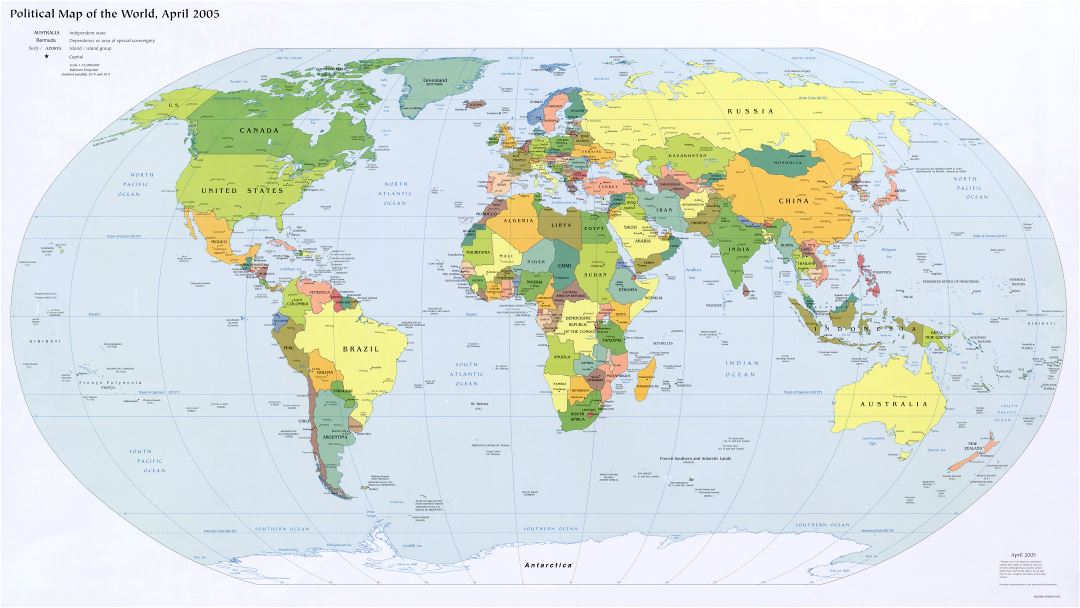 Большая детальная политическая карта мира 2005 года со столицами и крупными городами