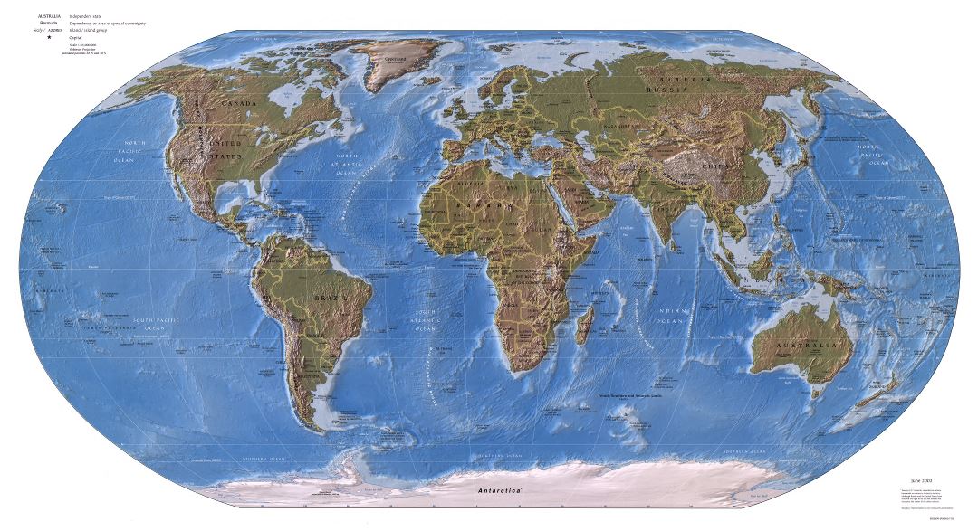 Большая детальная политическая карта мира с рельефом и столицами стран - 2003