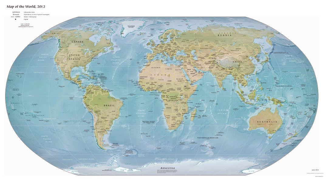 Большая подробная политическая карта мира с рельефом и крупными городами - 2012