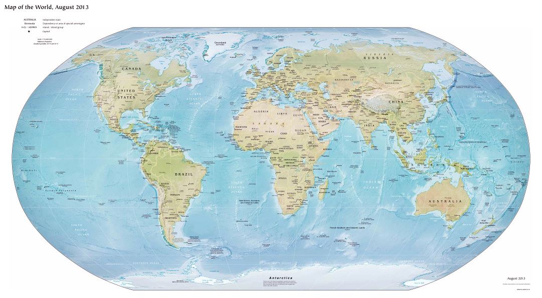 Большая детальная политическая карта мира с рельефом и крупными городами - 2013
