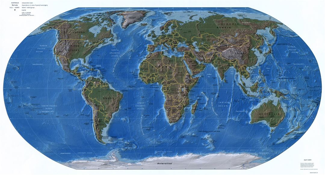 Большая подробная политическая карта мира с рельефом, столицами и крупными городами - 2004