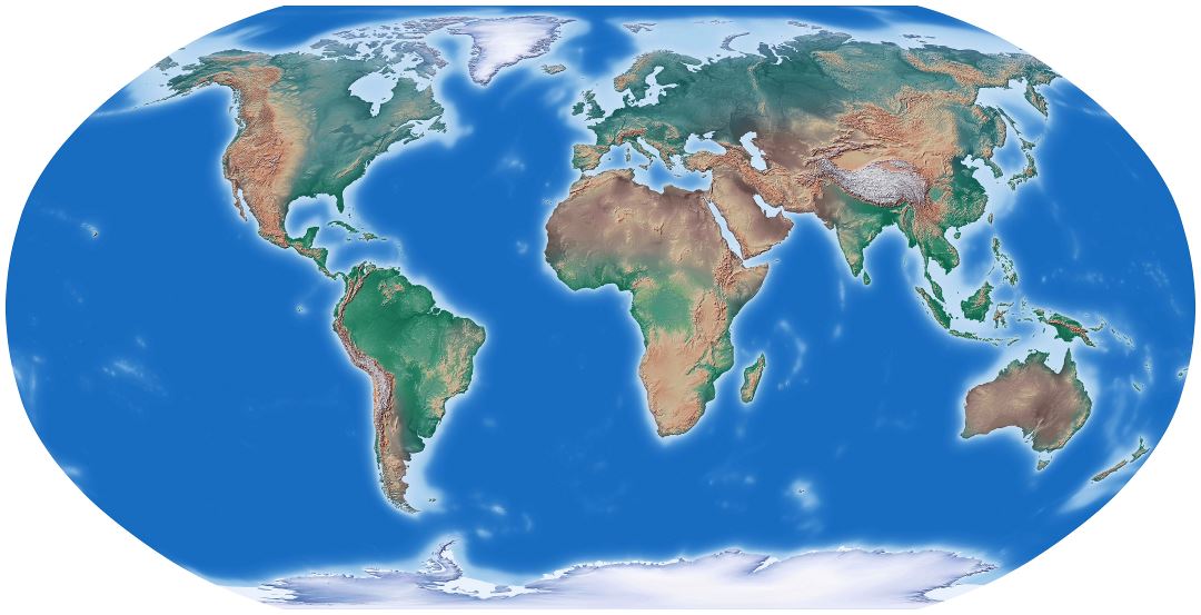 Большая подробная рельефная карта мира