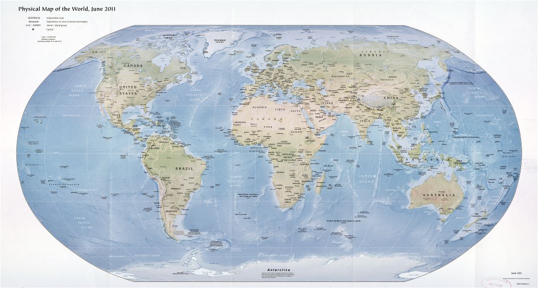 Крупномасштабная подробная физическая и политическая карта мира - 2011