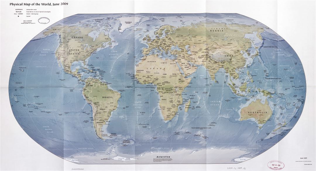 Детальная физическая и политическая карта мира с рельефом и столицами - 2009 (Большой формат)