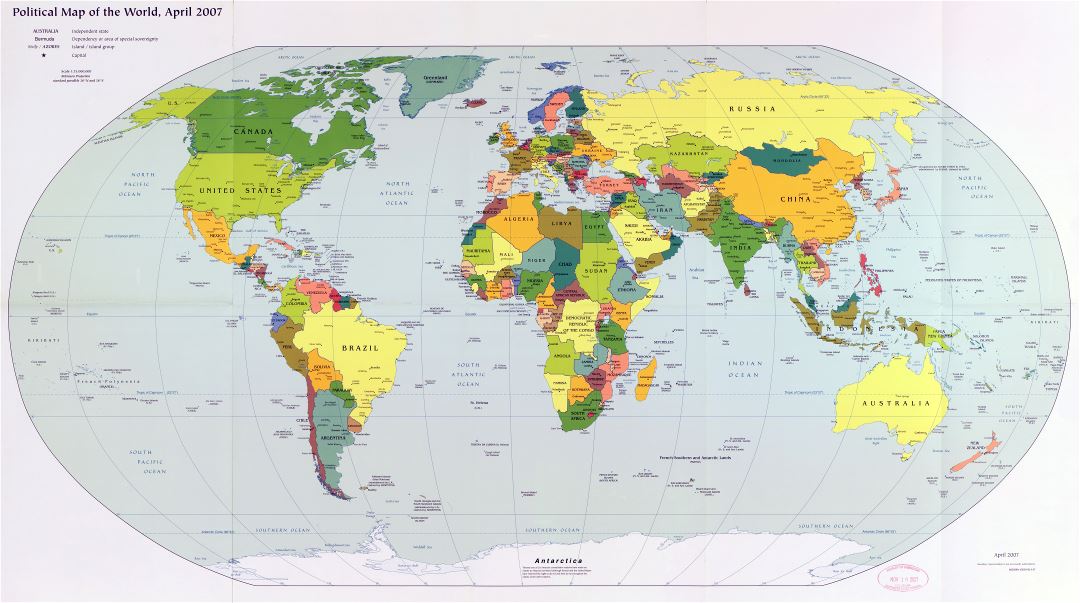 Крупномасштабная детальная политическая карта мира с крупными городами и столицами стран - 2007
