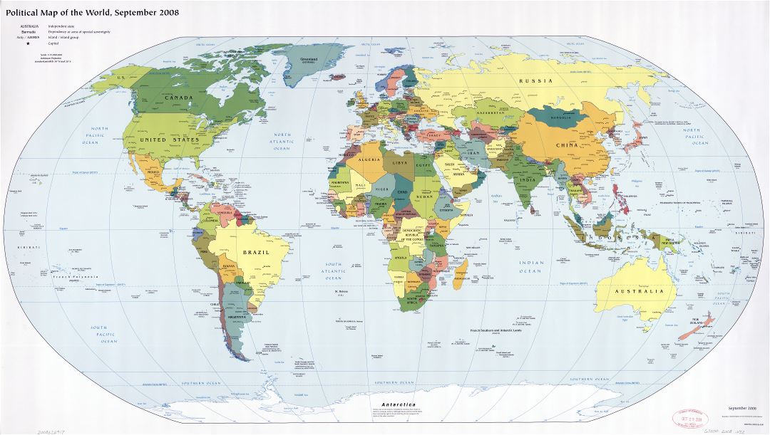 Крупномасштабная подробная политическая карта мира с крупными городами и столицами стран - 2008