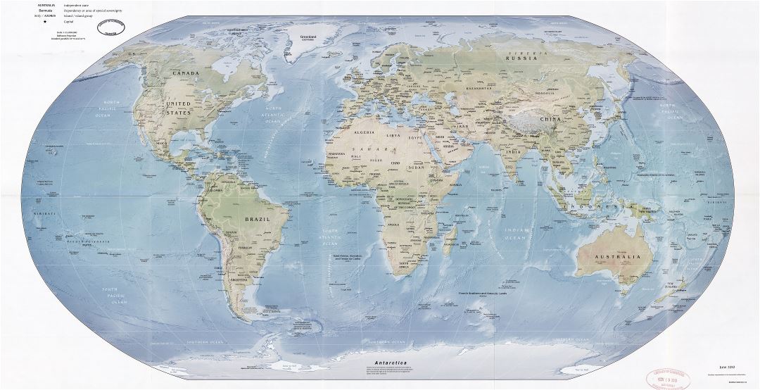 Крупномасштабная детальная политическая карта мира с рельефом и столицами стран - 2010