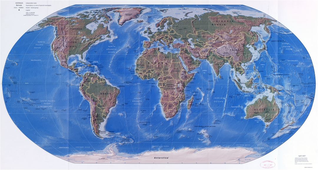 Крупномасштабная детальная политическая карта мира с рельефом, крупными городами и столицами стран - 2007
