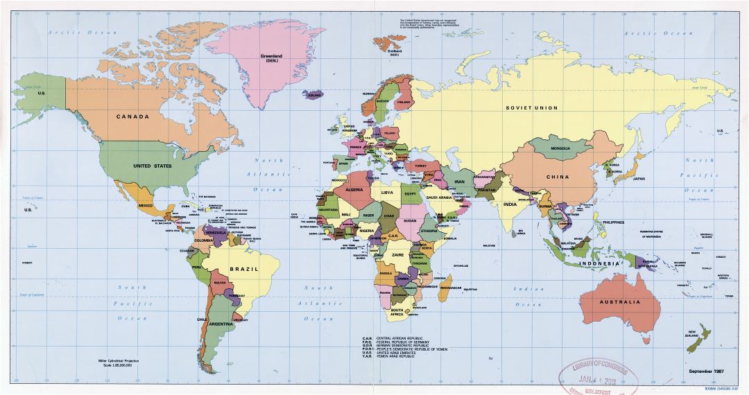 Политическая карта мира в большом формате - 1987