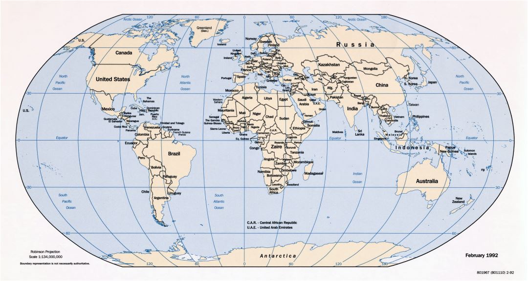 Крупномасштабная политическая карта мира - 1992