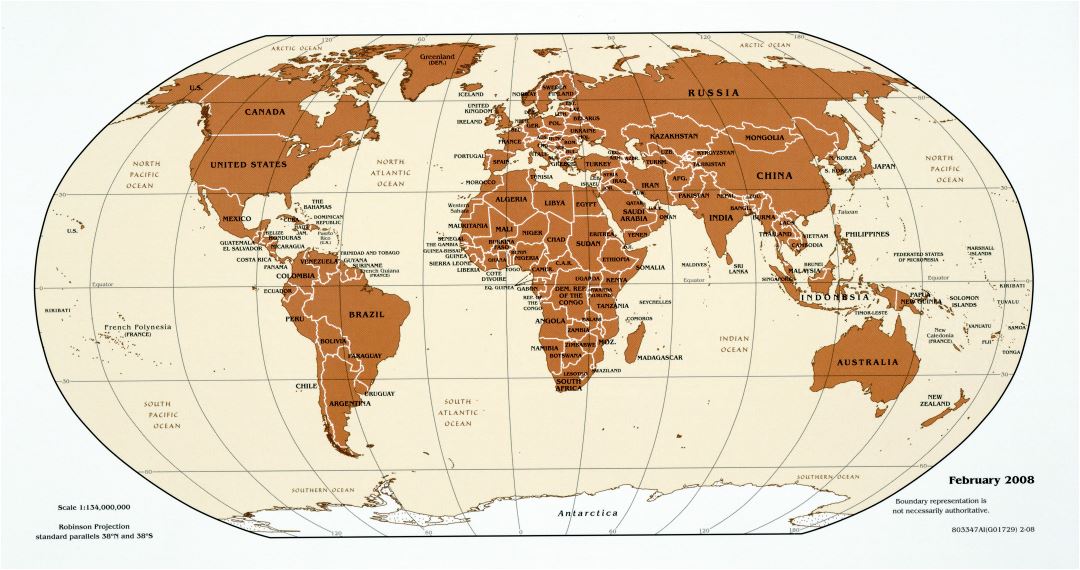 Крупномасштабная политическая карта мира в красном цвете - 2008
