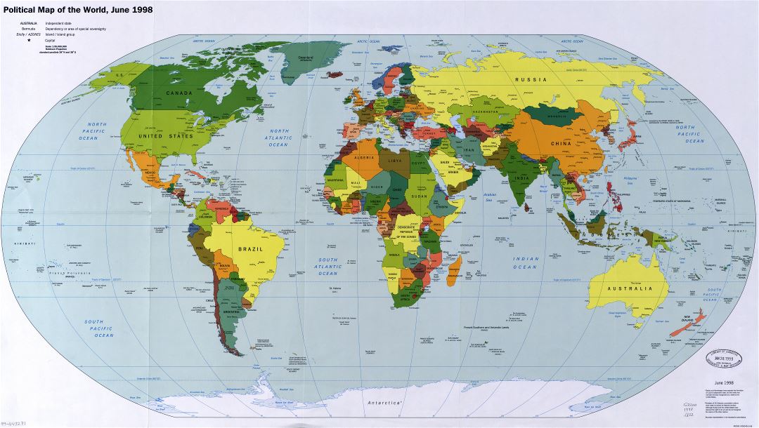 Крупномасштабная политическая карта мира с крупными городами и столицами стран - 1998