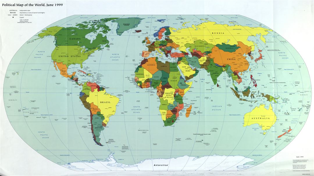 Крупномасштабная политическая карта мира с крупными городами и столицами стран - 1999