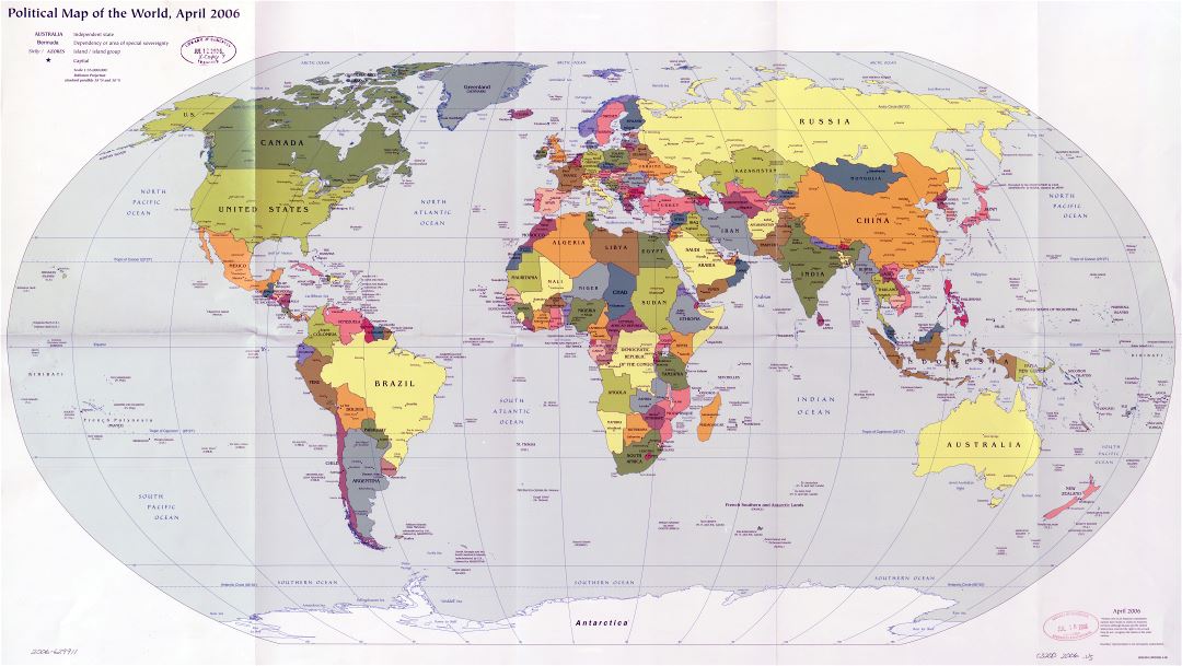 Крупномасштабная политическая карта мира с крупными городами и столицами - 2006