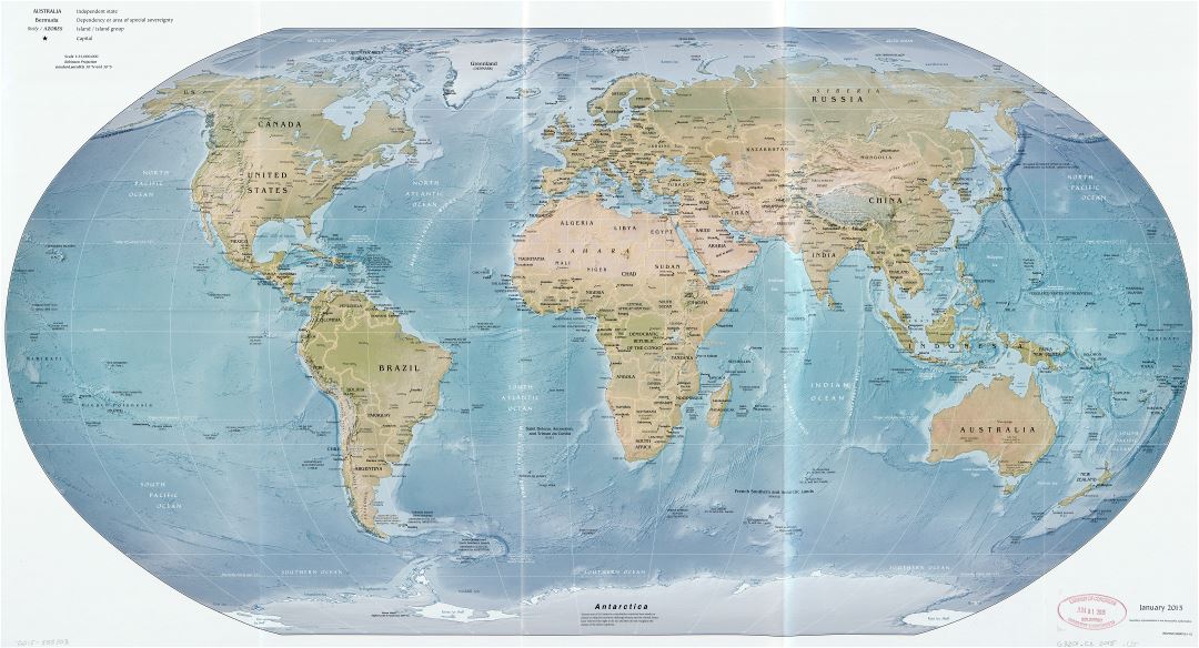 Крупномасштабная политическая карта мира с рельефом - 2015
