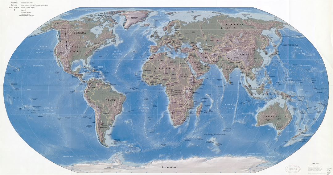 Крупномасштабная  политическая карта мира с с рельефом, крупными городами и столицами стран - 2002
