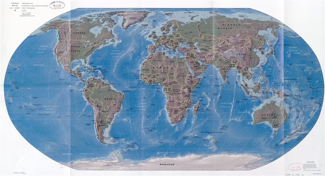 Крупномасштабная политическая карта мира с рельефом, крупными городами и столицами - 2006
