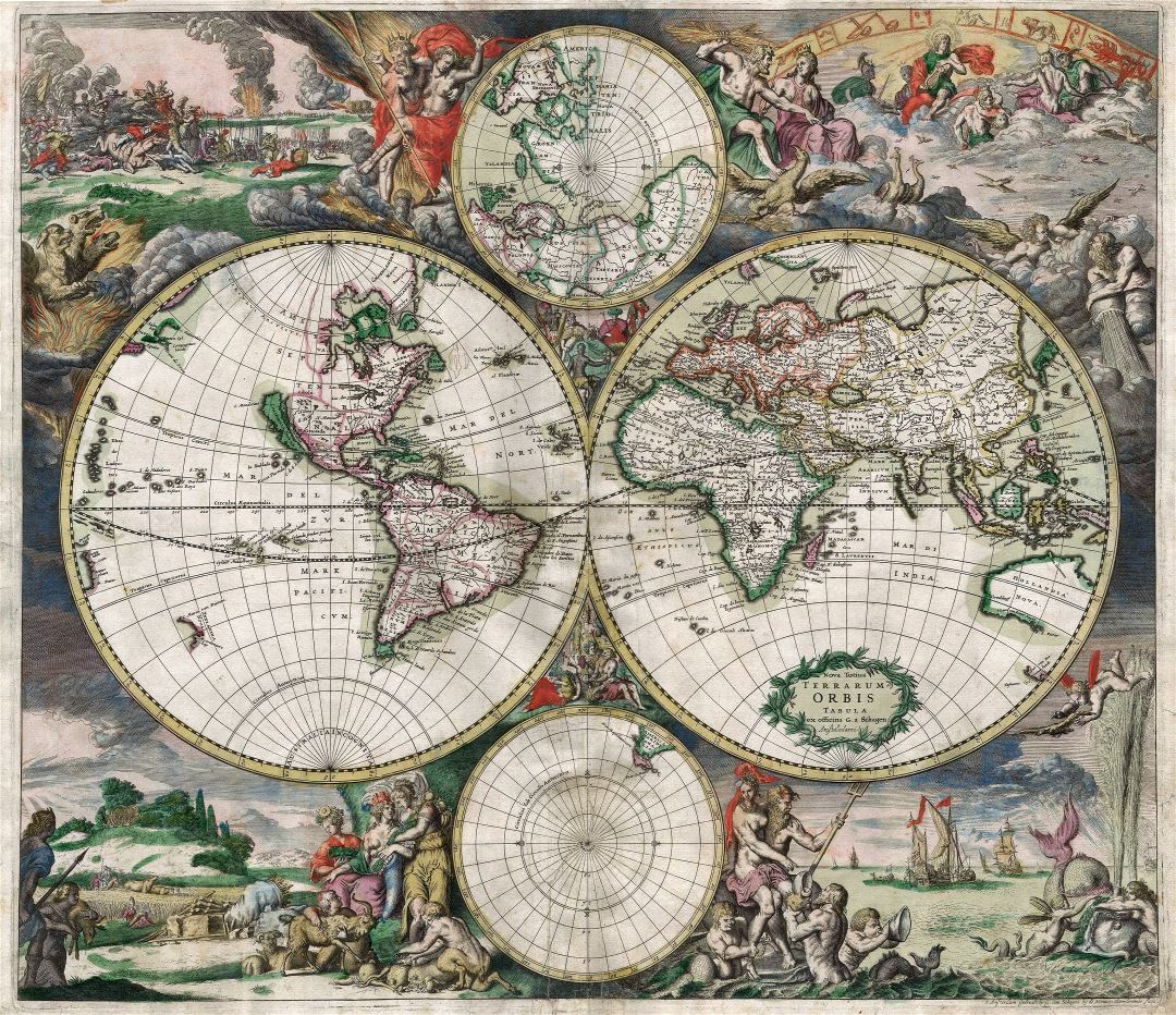 Большая детальная античная политическая карта Мира - 1689