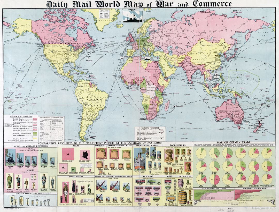 Крупномасштабная Daily Mail карта мира войны и торговли - 1917