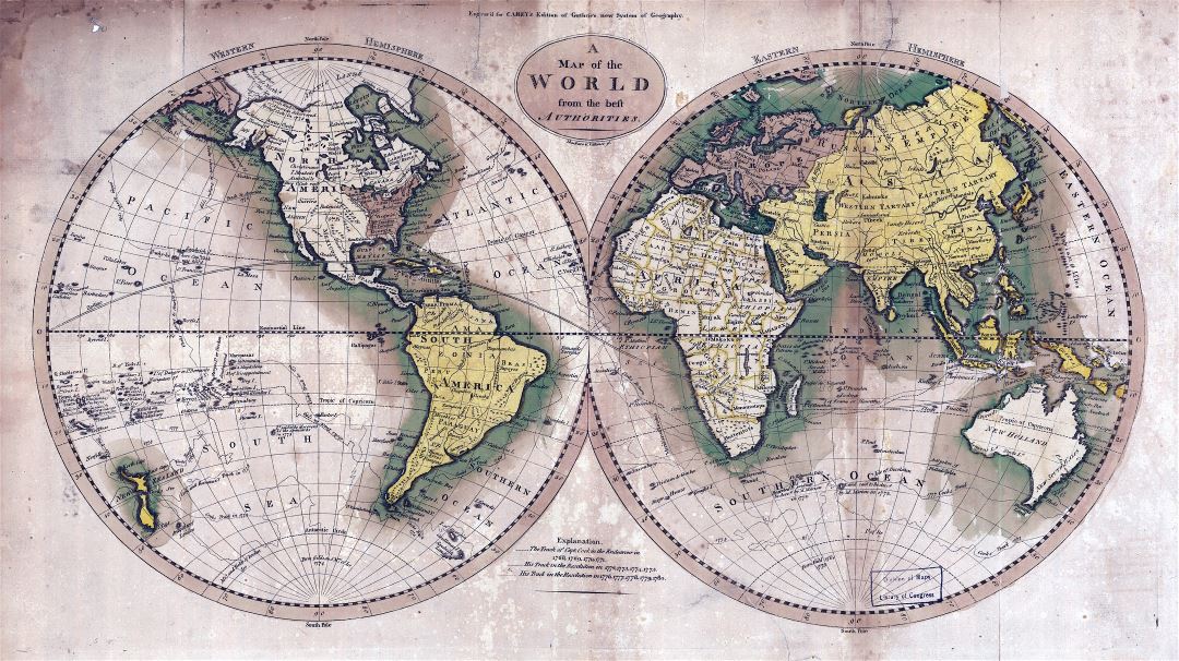 Крупномасштабная старинная карта мира - 1795