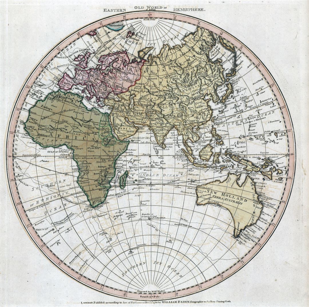 Крупномасштабная старая карта Восточного полушария