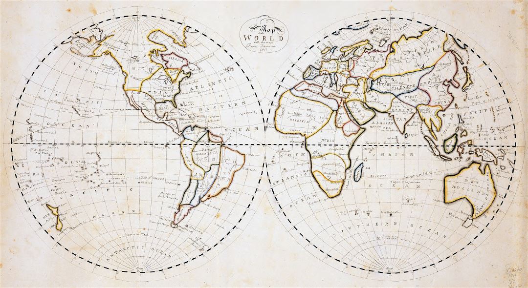 Крупномасштабная старая карта мира с наибольшими открытиями