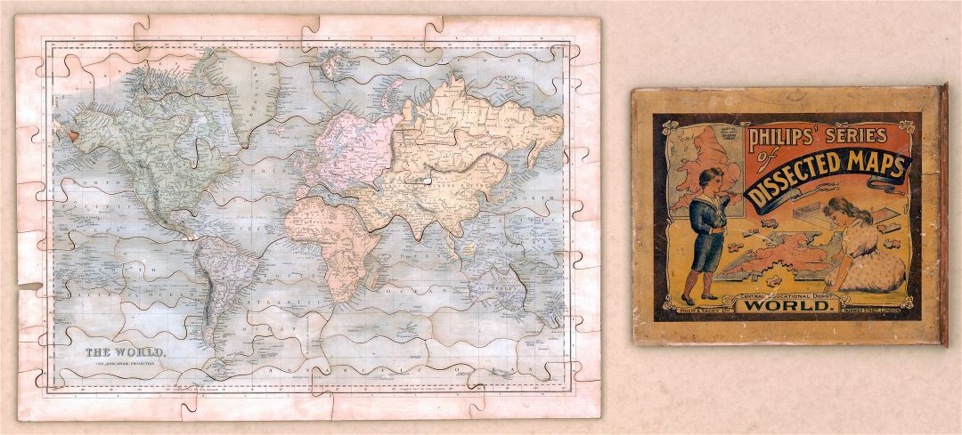 Крупномасштабная старая карта-пазл Мира - 184x