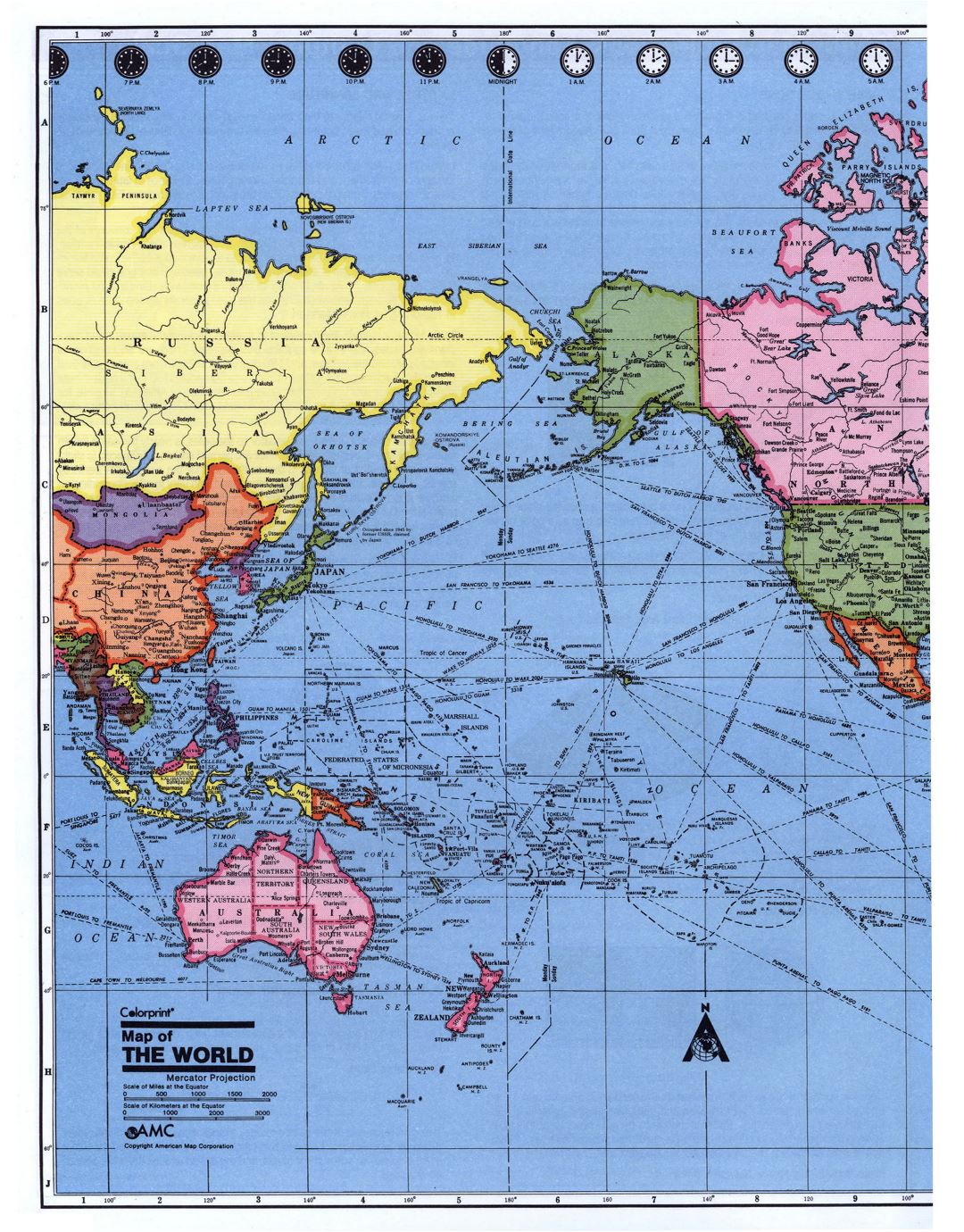 Подробная политическая карта Тихого океана с часовыми поясами