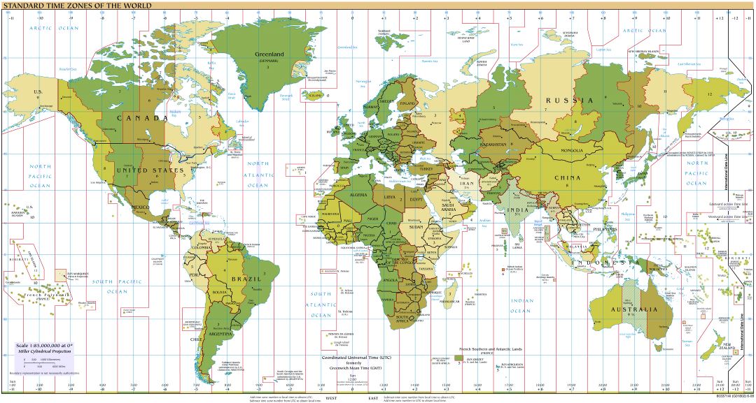 Большая подробная карта стандартных часовых поясов мира - 2008