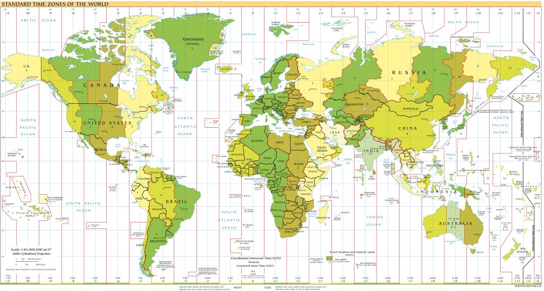 Большая подробная карта часовых поясов мира - 2007