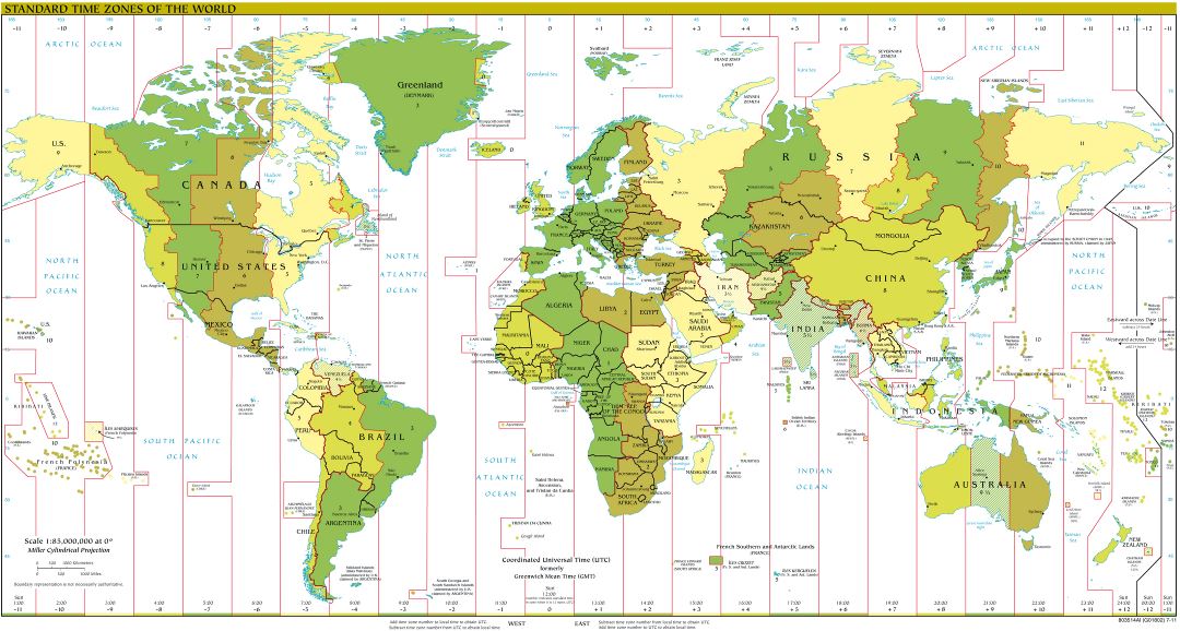 Большая детальная карта часовых поясов мира - 2011