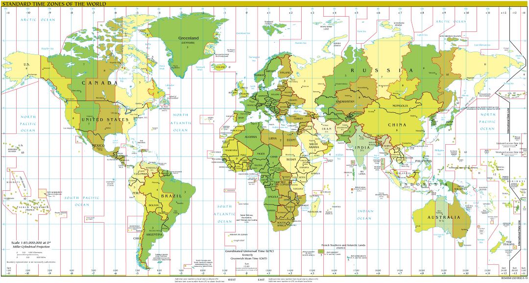 Большая подробная карта часовых поясов мира - 2010