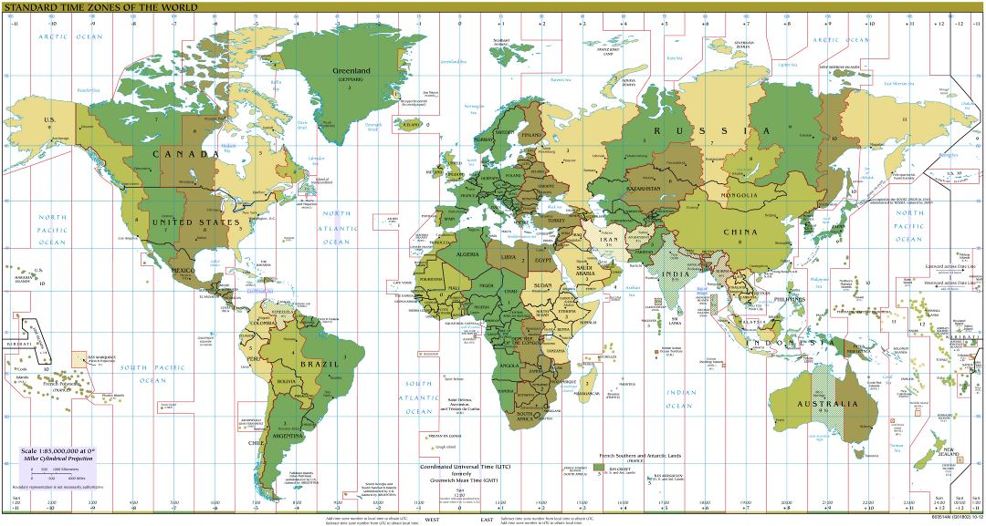 Большая детальная карта часовых поясов мира - 2012