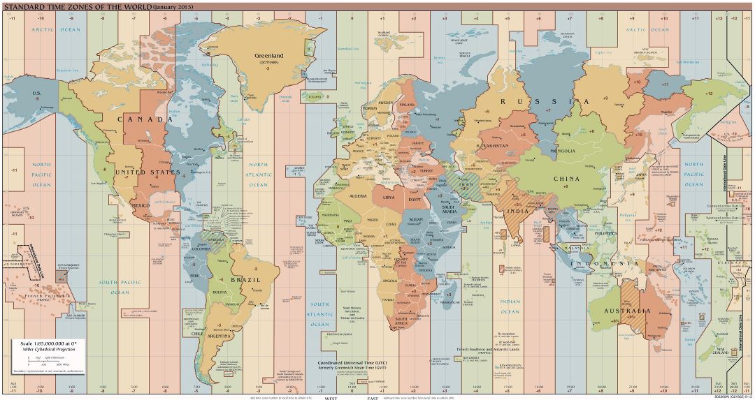 Большая подробная карта часовых поясов мира - 2015
