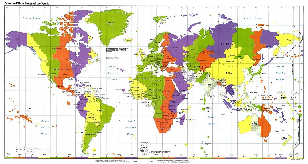 Большая карта стандартных часовых поясов мира - 1995