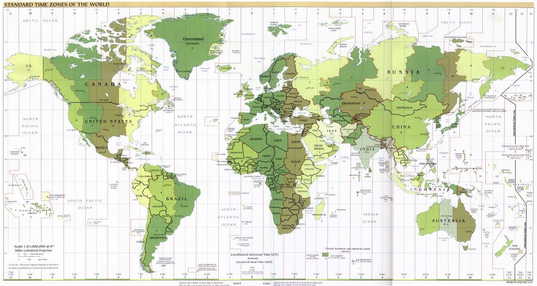 Большая карта стандартных часовых поясов мира - 2001