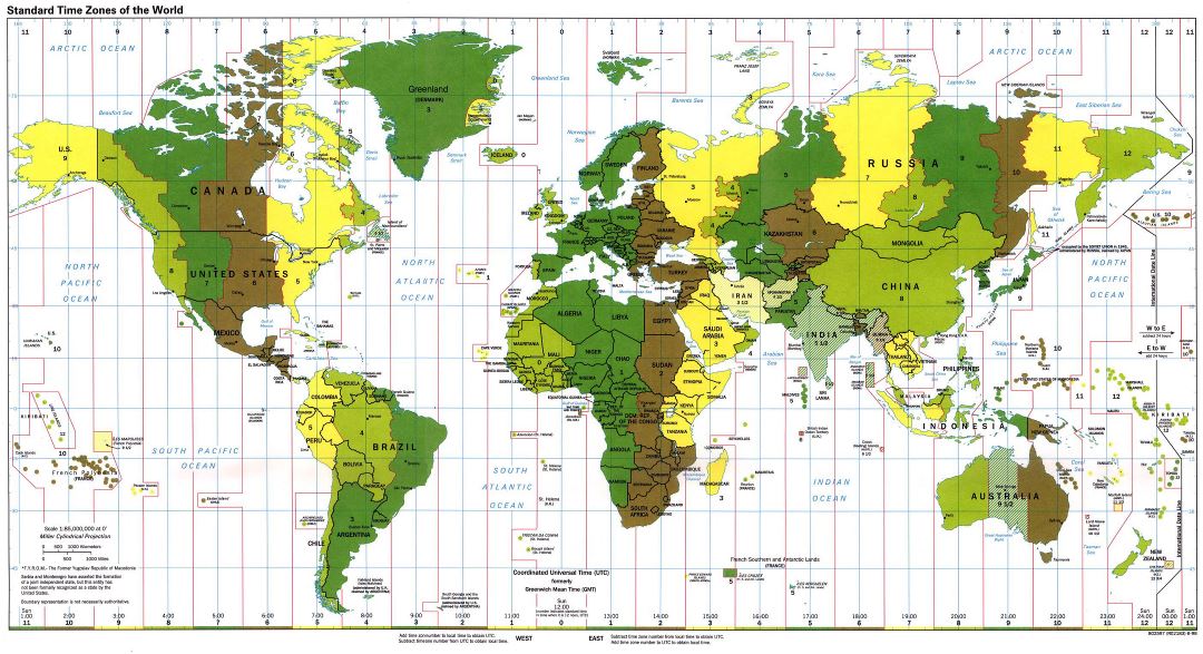 Большая карта часовых поясов мира - 1998