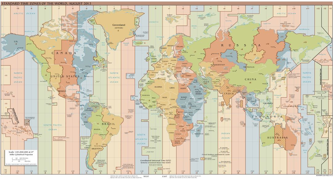 Крупномасштабная карта часовых поясов мира - 2013